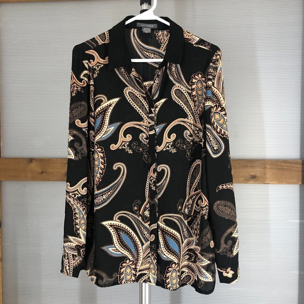 Suzy Shier Black Blue Orange Paisley‎ Long Sleeve Blouse Sz M